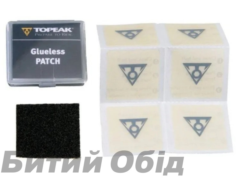 Велоаптечка Topeak Glueless Patch Kit б/клей заплаты 6шт+наждак+пласт футляр дисплей 20кпл